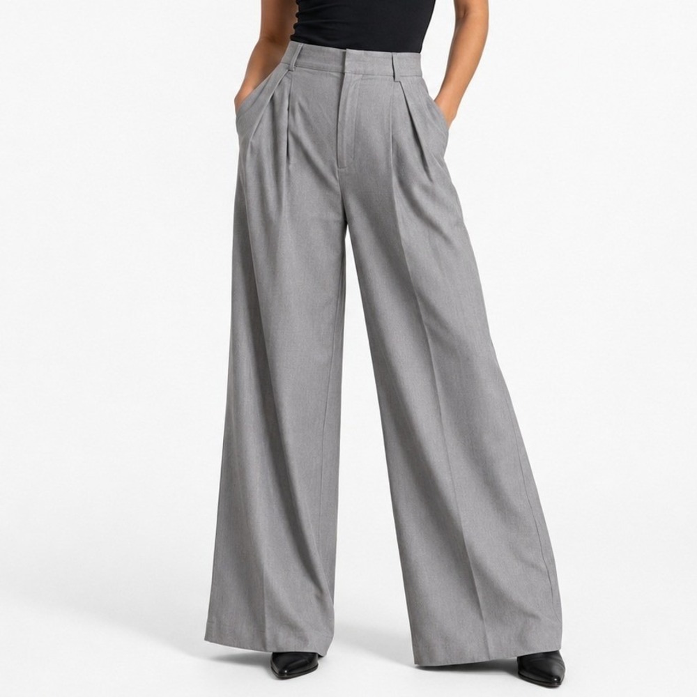 Wide Leg Trousers Women 12 Gray Pleated High Rise Pants Office Career Flowy